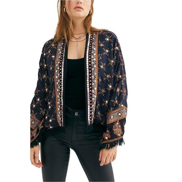 Free People Womens Rays Of Light Embellished Fringe Hem Trim Floral Jacket Large - Picture 8 of 9